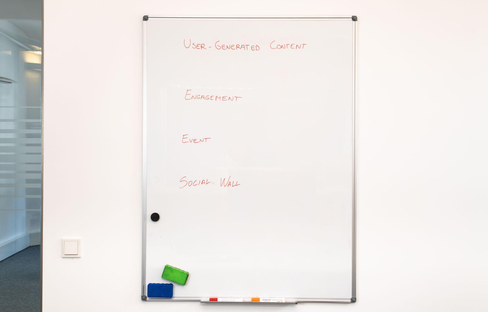 Whiteboard with four headings and nothing written under them