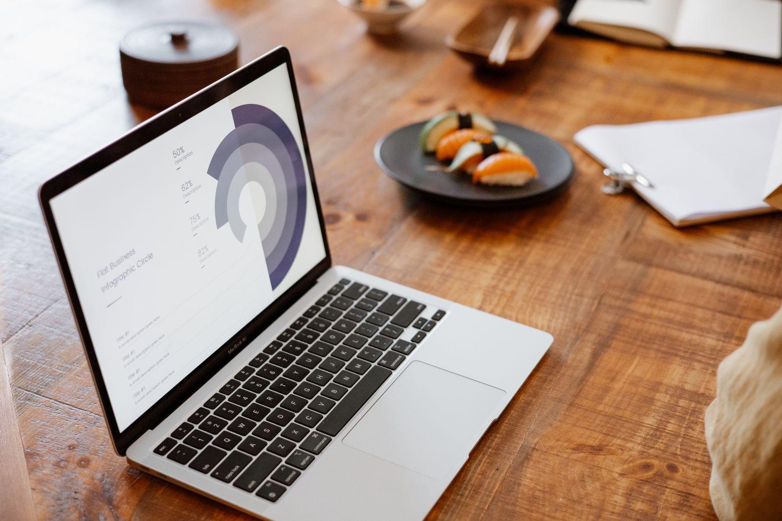Laptop on a wooden table showing a slide with a chart