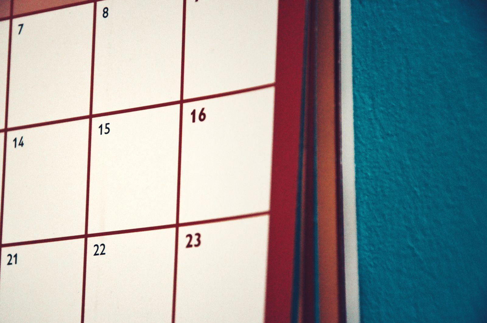 Close-up of a wall calendar grid
